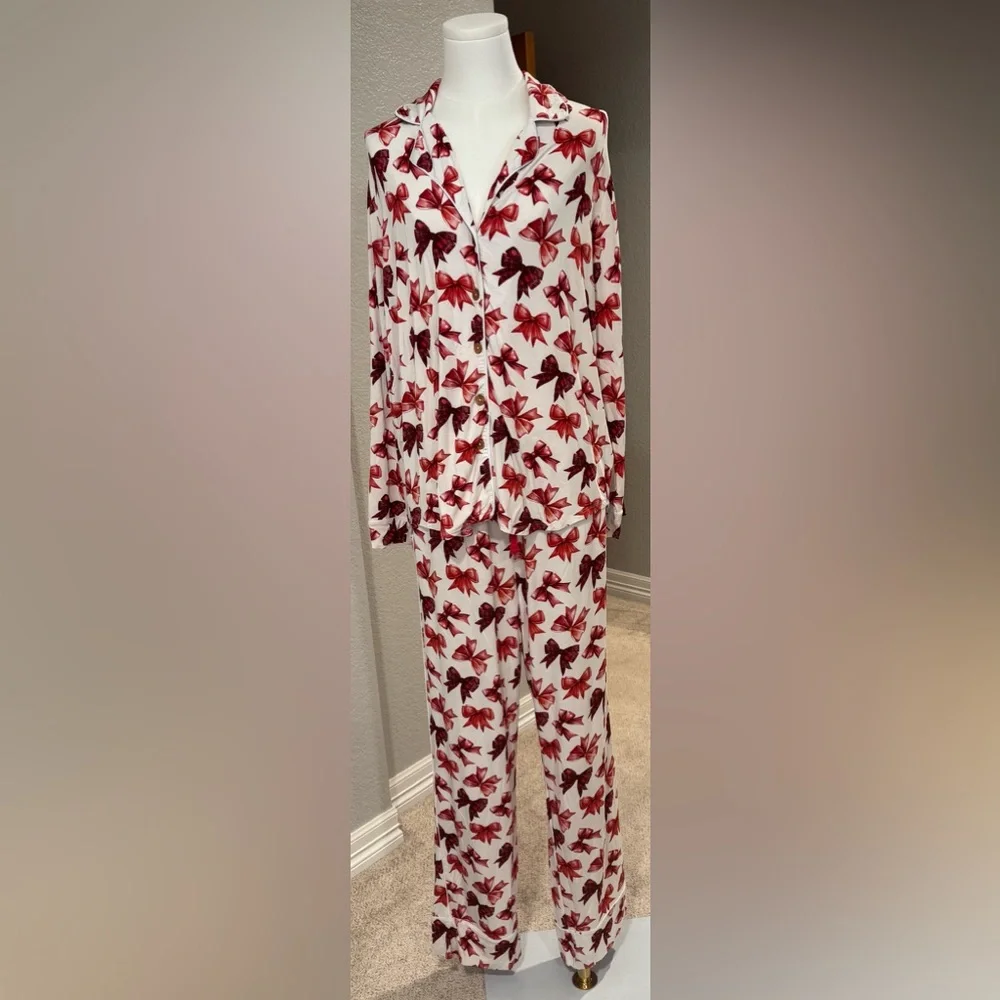 NWT Posh Peanut Holiday Christmas Red Bow Women’s Luxe Pajama Pant Set w/ Pocket - Picture 7 of 16